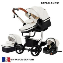 BAZARLAND30. Carrito 3 en 1 para Bebé Combinado Silla de Auto Cochecito Trio Reversible cuero pu Ruedas a prueba de pinchazos Silla. blanco