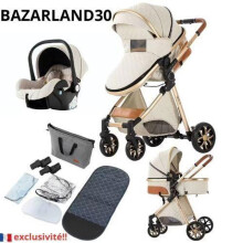 BAZARLAND30. 3-in-1 Kinderwagen Kombinierter Autositz Tragetasche Trio Wendbar Verstellbar Hochwertige Pannensichere Räder cremeweiß