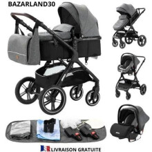 BAZARLAND30. 3 in 1 Babykombination Kinderwagen Autositz Tragetasche Trio Wendig Verstellbar Hochwertig Unplattbare Räder. grau