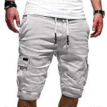 (L, White) Mens Joggers Shorts Elastic Waist Shorts Cargo Pockets Half Pantsl