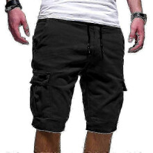 (L, Black) Mens Joggers Shorts Elastic Waist Shorts Cargo Pockets Half Pantsl