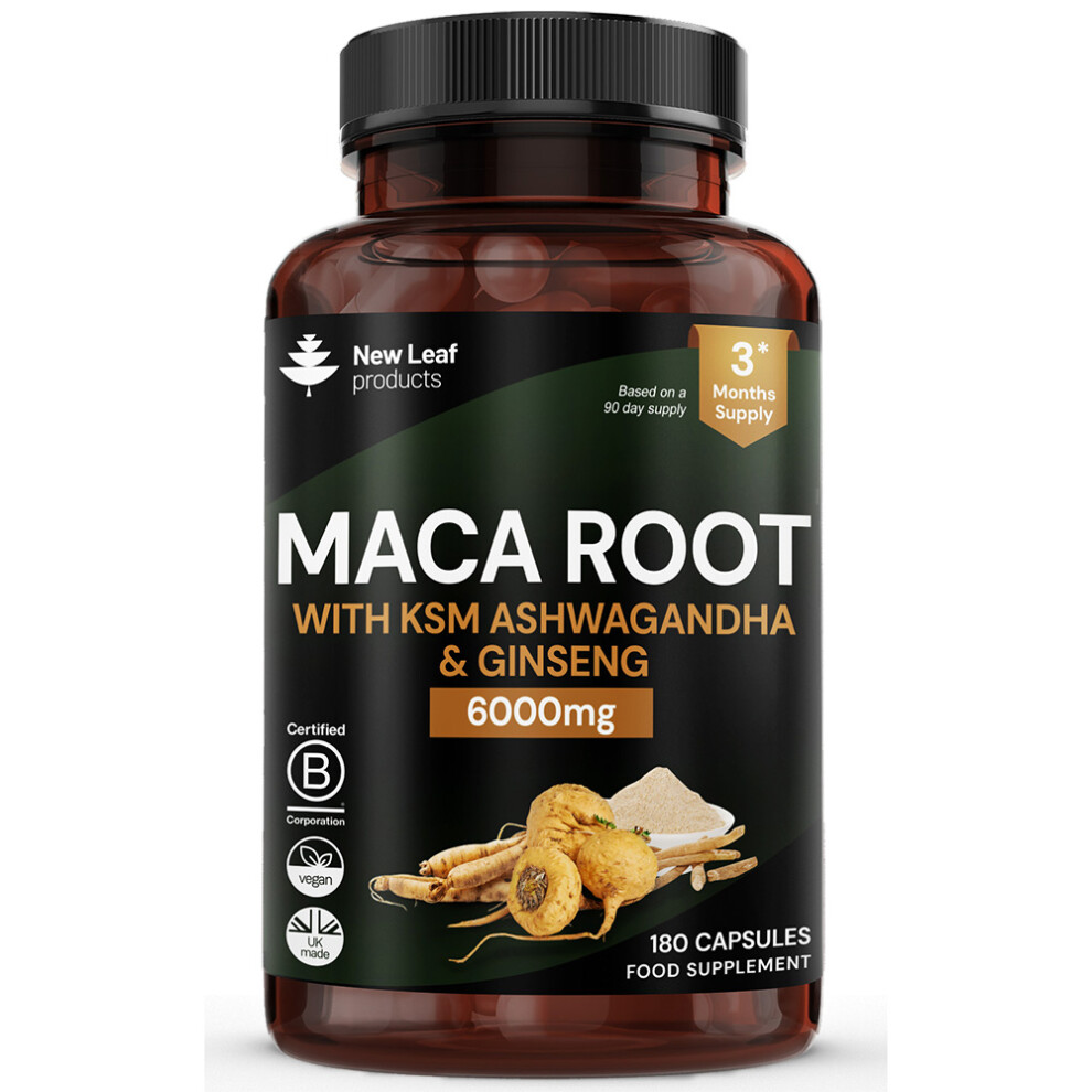 New Leaf Product Maca Root 6000Mg + Ashwagandha & Giniseng 180 Vegan Capsules