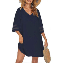 (XL, Navy Blue) Women's Swimsuit Coverup Bathing Suit Cover Ups V Neck Summer Bikini Casual Loose Beach Dress