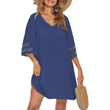 (L, Royal Blue) Women's Swimsuit Coverup Bathing Suit Cover Ups V Neck Summer Bikini Casual Loose Beach Dress