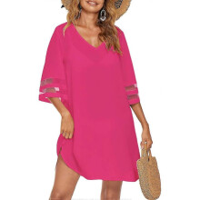 (3XL, Hot Pink) Women's Swimsuit Coverup Bathing Suit Cover Ups V Neck Summer Bikini Casual Loose Beach Dress