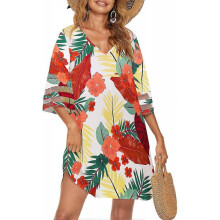 (S, Floral1) Women's Swimsuit Coverup Bathing Suit Cover Ups V Neck Summer Bikini Casual Loose Beach Dress