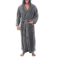 (2XL, Black) Men's Long Dressing Gown Hooded Fleece Bathrobe - Winter Warmth