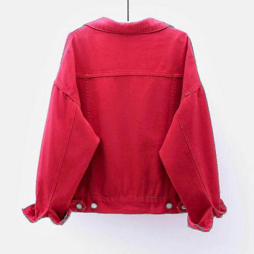 (L, Red) Women Spring And Autumn Coats Warm Solid Long Sleeve Denim Jacket Outerwear 2