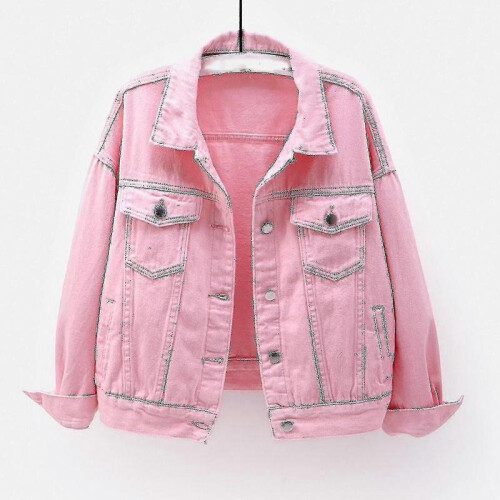 (M,Pink)Women Spring And Autumn Coats Warm Solid Long Sleeve Denim Jacket Outerwear