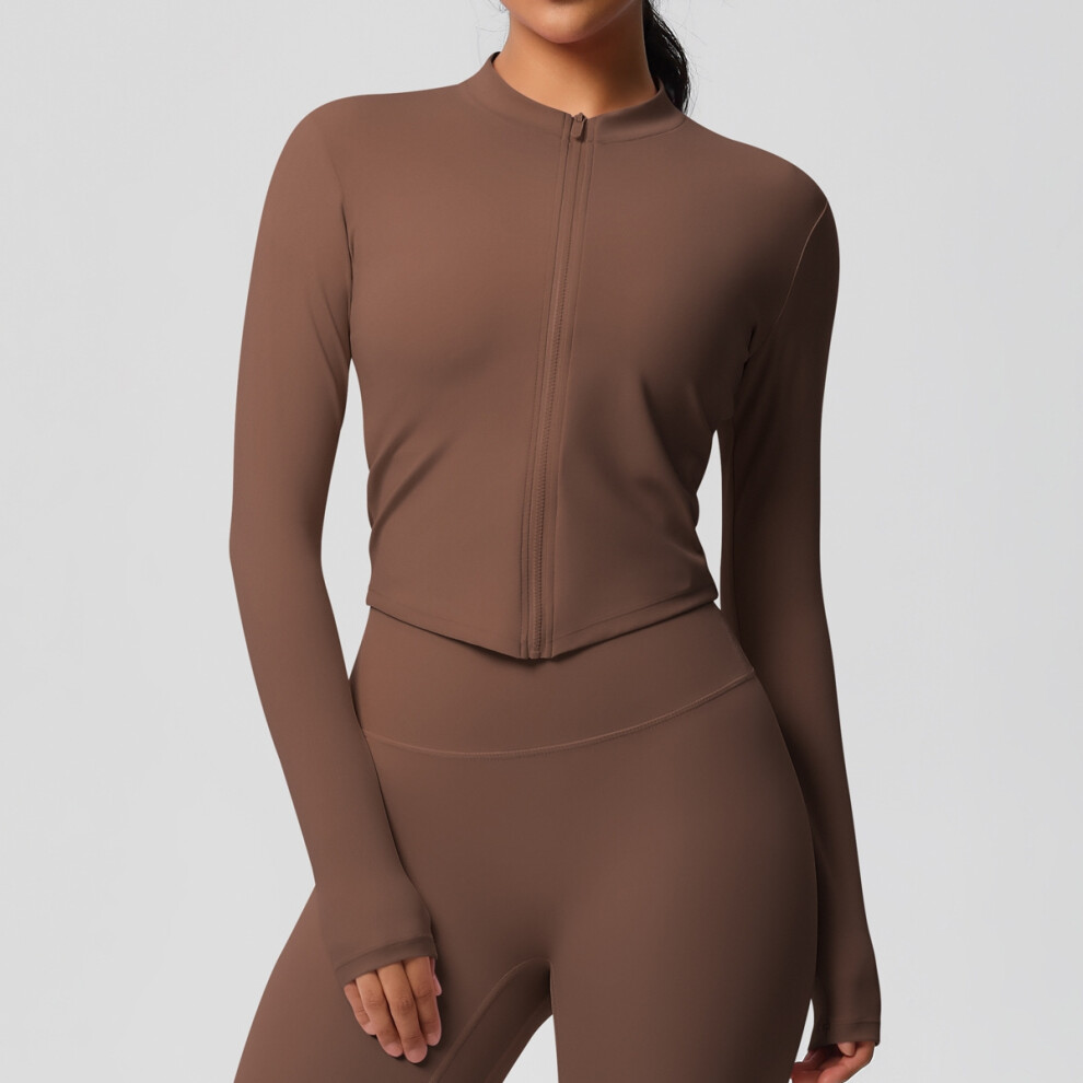 (Zip Jacket - Chestnut, L) Quick-drying naked brushed fitness zipper jacket running sports tight long-sleeved yoga clothing top for women