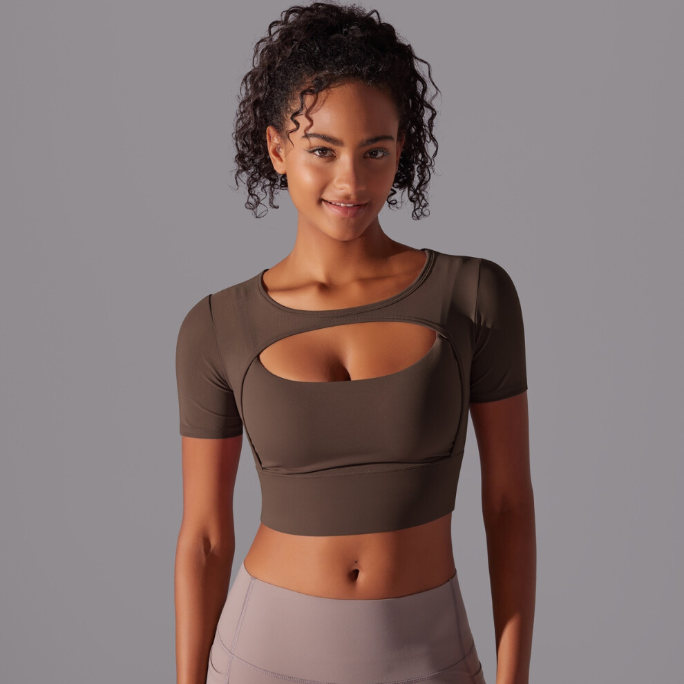 (Chestnut color, L) Spliced mesh sexy double-layer short-sleeved suspender bra running fitness double-layer yoga wear top for women