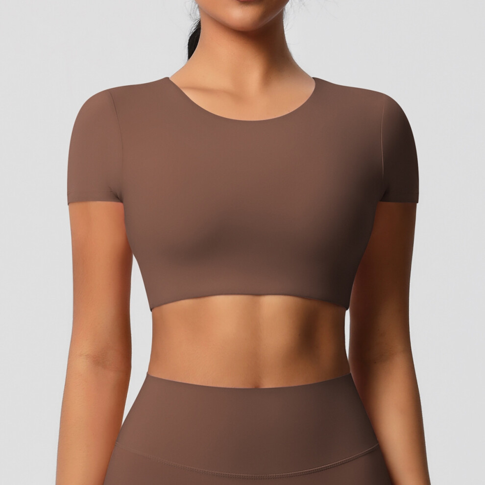(Chestnut color, L) Double-sided brushed tight-fitting short-sleeved yoga wear with chest pad, Pilates running sports T-shirt top for women