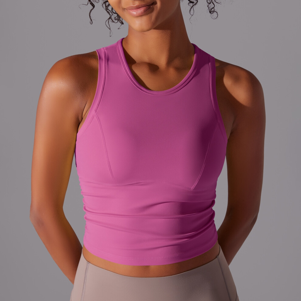 (Pink, L) Double-sided nylon solid color tight-fitting belly-covering round-neck sports vest running fitness yoga wear long top for women