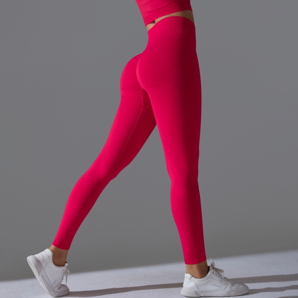 (Red, L) Seamless solid color peach sports pants tight running fitness yoga clothes high waist hip lifting yoga pants for women
