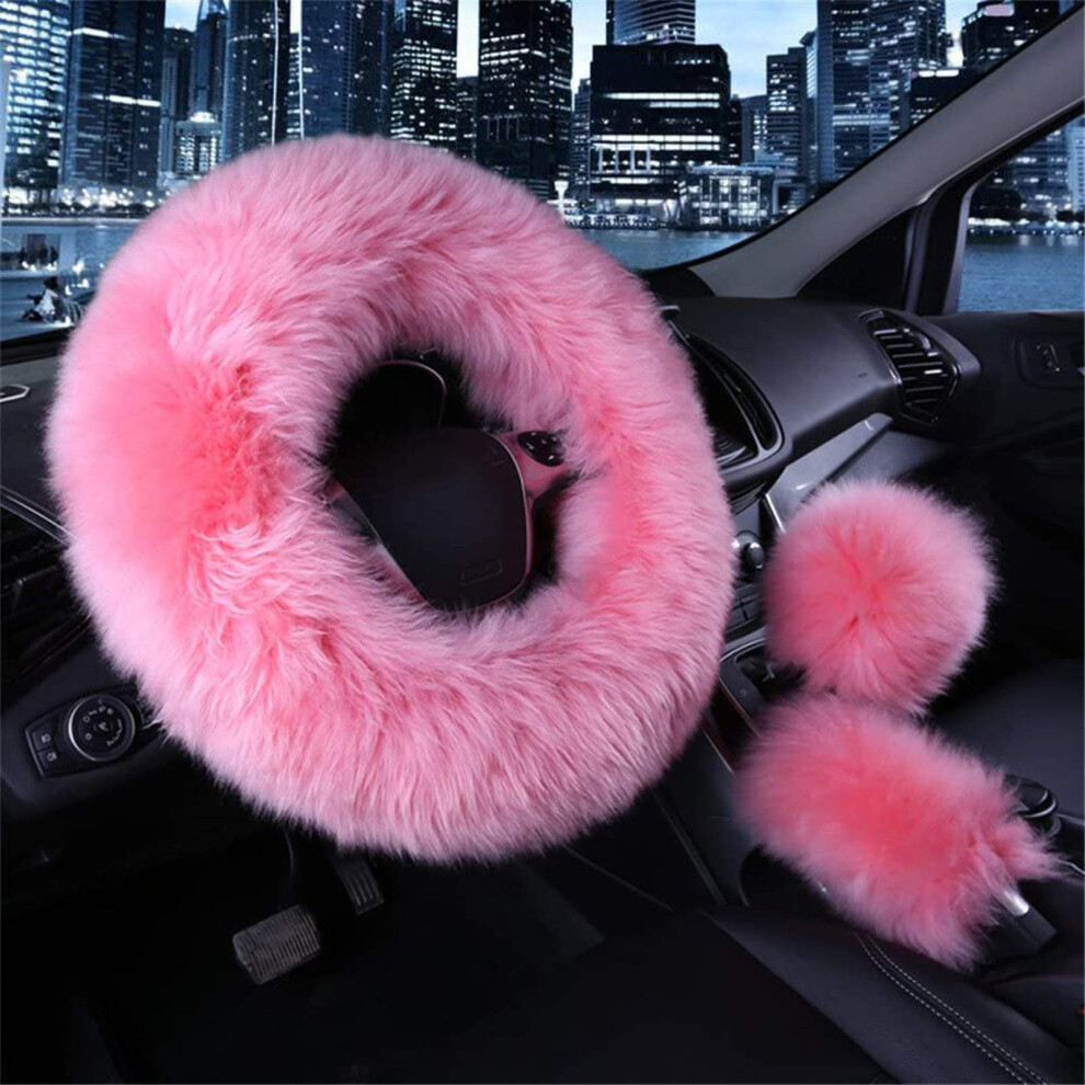 Spanice 3 Pcs Car Steering Wheel Cover & Handbrake Cover & Gear Shift Cover Set Faux Wool Warm Winter (Pink) Pink 738626554804