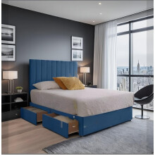 (3ft6, HB with 2 Drawers, Blue) Restivo Divan Bed Set Plus Memory Sprung Mattress Plus Matching Headboard