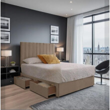 (4ft, HB with 2 Drawers, Beige) Restivo Divan Bed Set Plus Memory Sprung Mattress Plus Matching Headboard
