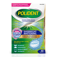 Polident Overnight Whitening Antibakteerinen Hammashoitolaite Puhdistustabletit 60 Count