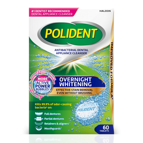 Polident Overnight Whitening Antibakteerinen Hammashoitolaite Puhdistustabletit 60 Count