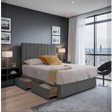 (4ft6, HB with 4 Drawers, Grey) Restivo Divan Bed Set Plus Memory Sprung Mattress Plus Matching Headboard