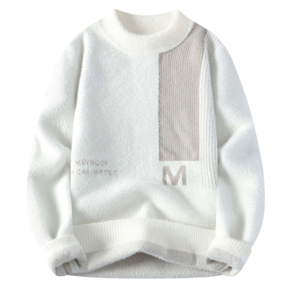 Men's White Winter Jumper Colour Block Knitted Pullover Casual Chunky Knit Thermal Sweater Size L