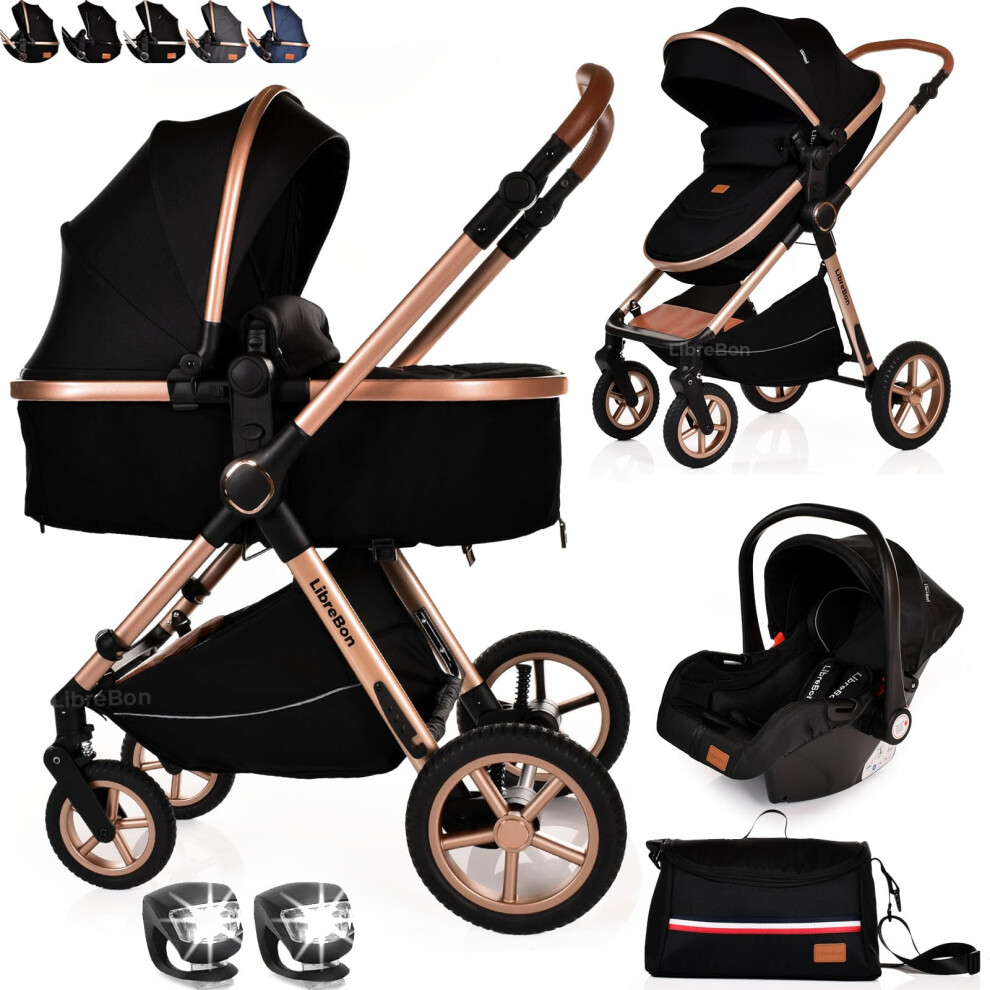 Baby Pram Pushchair Buggy Stroller 3 in 1 Child Lightweight Folding Stroller 3 in 1 Travel System Pram for Newborns Toddlers from Birth Aluminum (Bla