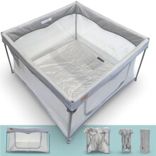 Venture All Stars Joy Square Baby Playpen - Foldable, Compact Playpen for Baby and Toddlers with Mesh Sides, Fitted Mat, and Zipper Door - Portable P