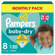 Pampers Baby-Dry Size 8, 120 Nappies, 17kg+, Monthly Pack, Up to a 100% Leak-Free Night