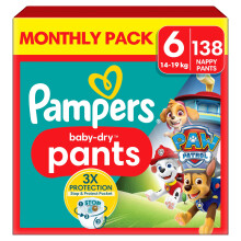 Pampers Baby-Dry Nappy Pants Paw Patrol Edition Size 6, 138 Nappies, 14kg-19kg, with Our 360 Pants Fit to Help Prevent Leaks