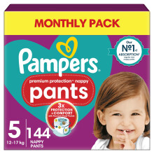 Pampers Premium Protection Nappy Pants Size 5, 144 Nappies, 12kg-17kg, Monthly Pack, With 360 Fit and Ultra-Soft Materials for Our Best Comfort & Pr