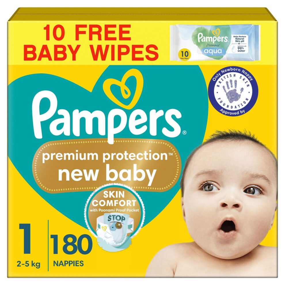 Pampers Premium Protection New Baby Size 1, 180 Nappies, 2Kg-5Kg, Monthly Pack + Harmonie Aqua Baby Wipes 1 Pack Of 10 Wipes