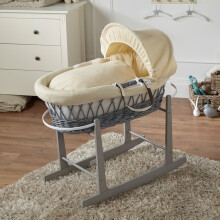 For Your Little One Wicker Moses Basket with Rocking Stand, 83 x 49 cm, Hand-woven Natural, Hypoallergenic Mattress Grey Wicker/Waffle Pattern (Cream
