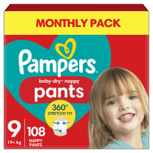 Pampers Baby-Dry Nappy Pants Size 9, 108 Nappies, 19kg+, Monthly Pack, 360 Fit to Help Prevent Gaps and Leaks