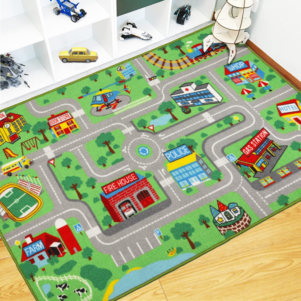 Kids Play Rug Town City Road Car Mat 160X100cm (5'2" X 3'3") Kids Carpet Playmat Exercise Mat Learning Educational Area Rug For Children Boy Capslpad