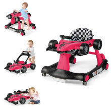 GYMAX Baby Walker, 4 in 1 Foldable Toddler Push Along Walker with Steering Wheel, Music Box, Lights and Comfy Seat, Height & Speed Adjustable Infant