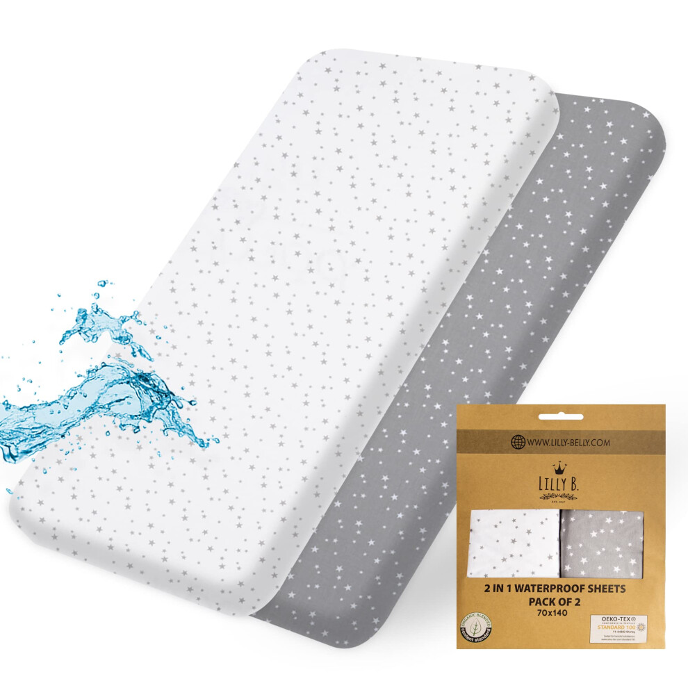 Lilly B. Organic Cotton GOTS 2in1 Pack of 2 Waterproof Mini Crib Sheets Fitted, Used Instead of Crib Waterproof Mattress Cover Compatible Next t Me C