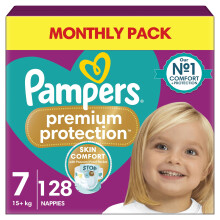 Pampers Premium Protection Size 7, 128 Nappies, 15kg+, Double Protection for Skin and Against leaks