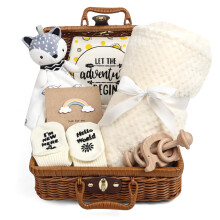 Newborn Baby Gifts Set, New Born Baby Gift for Boys and Girls, 7 in 1 Set - A Baby Blanket, Lovey Security Blanket, Bib, Wooden Rattle Toy, New Baby