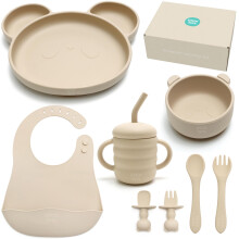Baby Weaning Set by Little Tots | Silicone Suction Plate, Suction Bowl, Bib, Sippy Cup + Straw, Toddler Spoon + Fork, Weaning Fork + Spoon | 8 Piece