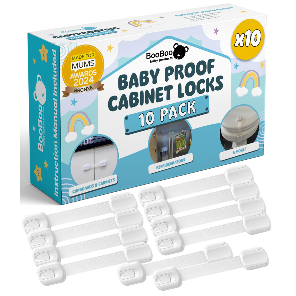 BooBoo (10 PACK) Premium Child Locks For Kitchen Cupboards, Child Proof Cabinet Locks, Drawer Locks Baby Proofing Cabinets with No Drilling, Extra s