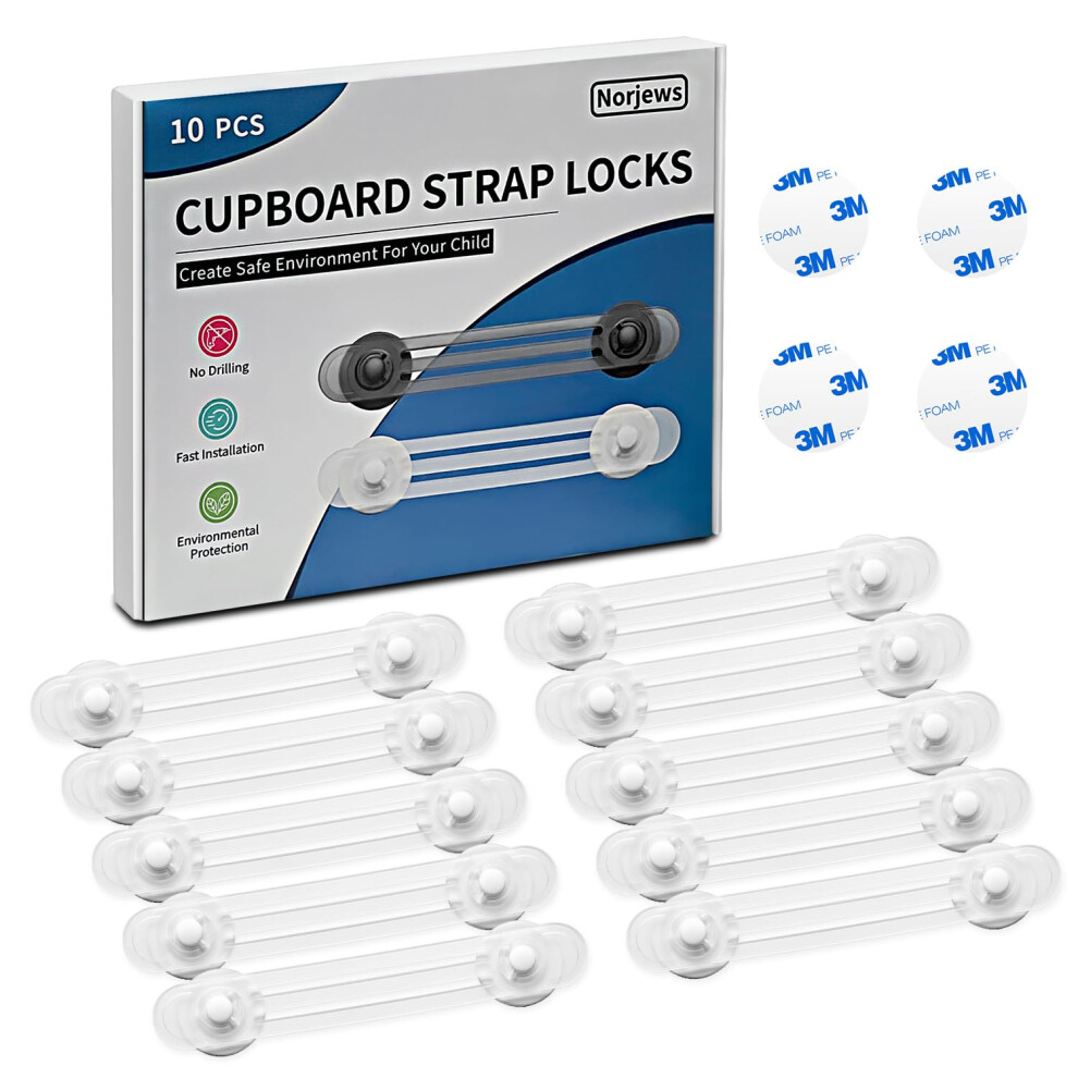 10 Pack Transparent Cabinet Locks Baby Proofing, Child Safety Cupboard Locks, Child Safety Straps For Cabinets Drawers Toilet Fridge, No Trap Norjews