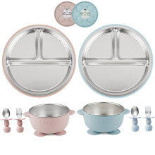 PandaEar 8 Pack Stainless Steel Baby Feeding Set, 2 Baby Suction Plates & 2 Toddler Bowls & 2 Spoons and Forks Set, Toddler Utensils, Divided Plates
