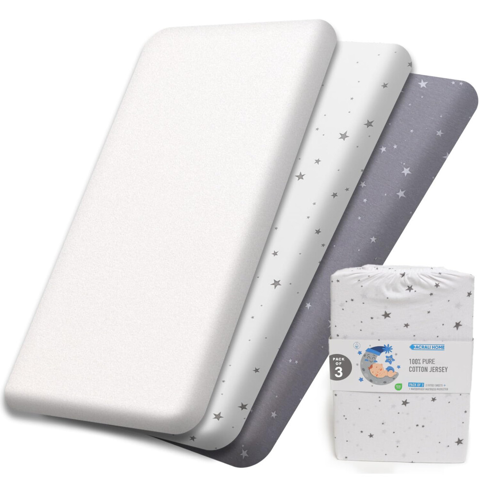 Next to Me Crib Sheets 55x90 cm - 3 Pack, 1 Waterproof Crib Mattress Protector - 2 Fitted Sheets 100% Pure Cotton Ultra Soft Baby Bedding Fits Chicco