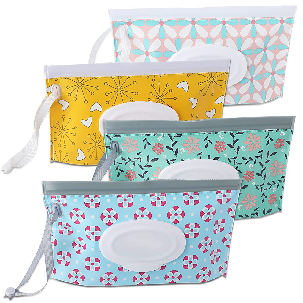 Pack Of 4 Wet Wipes Bag For Babies, Wet Wipes Bag For On The Go, Reusable Wet Wipe Bag, Baby Wipe Dispenser, Wet Wipe Bag For Babies Portable (Flower Sannix