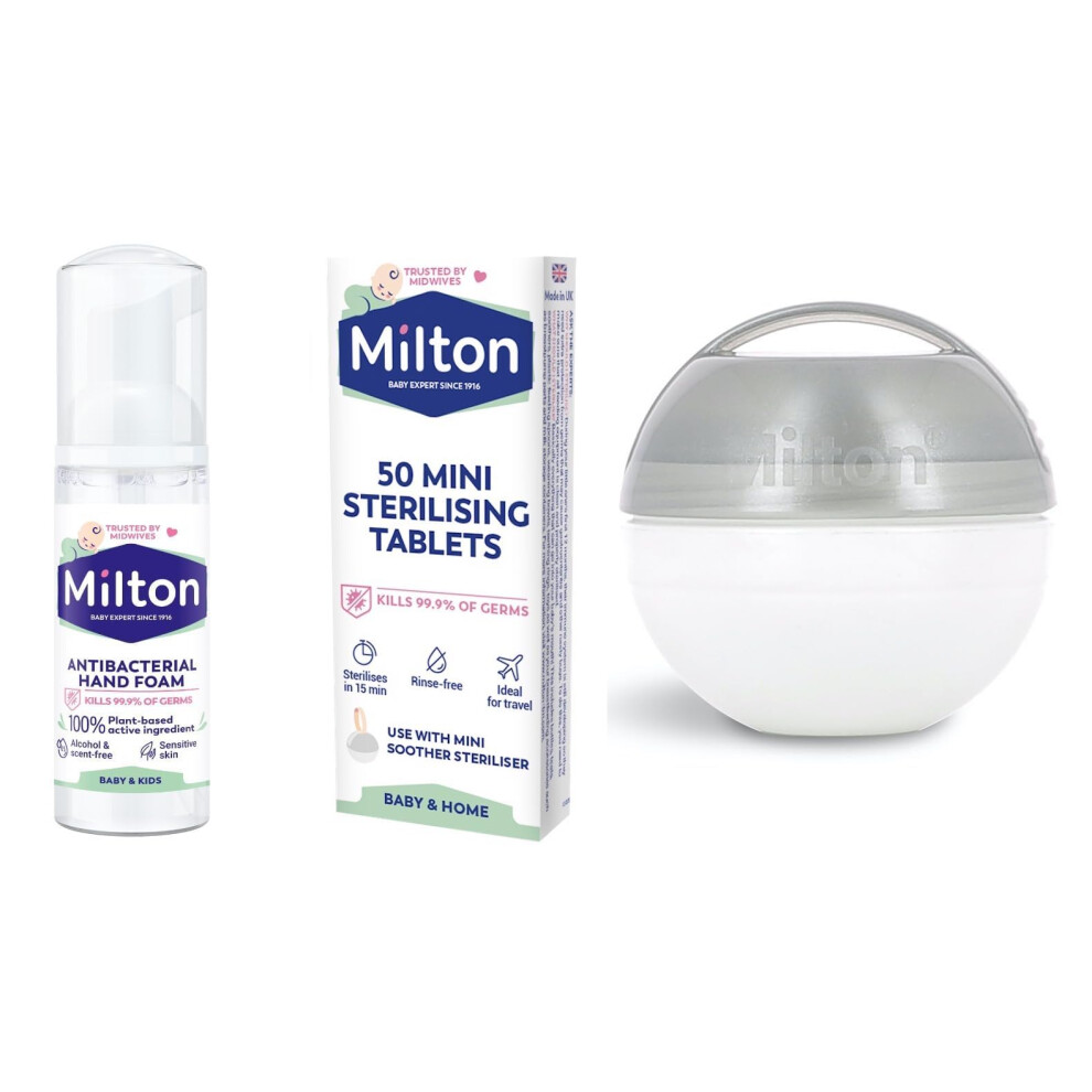 Mini Soother Dummy Travel Steriliser, 50 Mini Sterilising Tablets & 50 Ml Hand Sanitiser. Out & About Bundle Grey Milton
