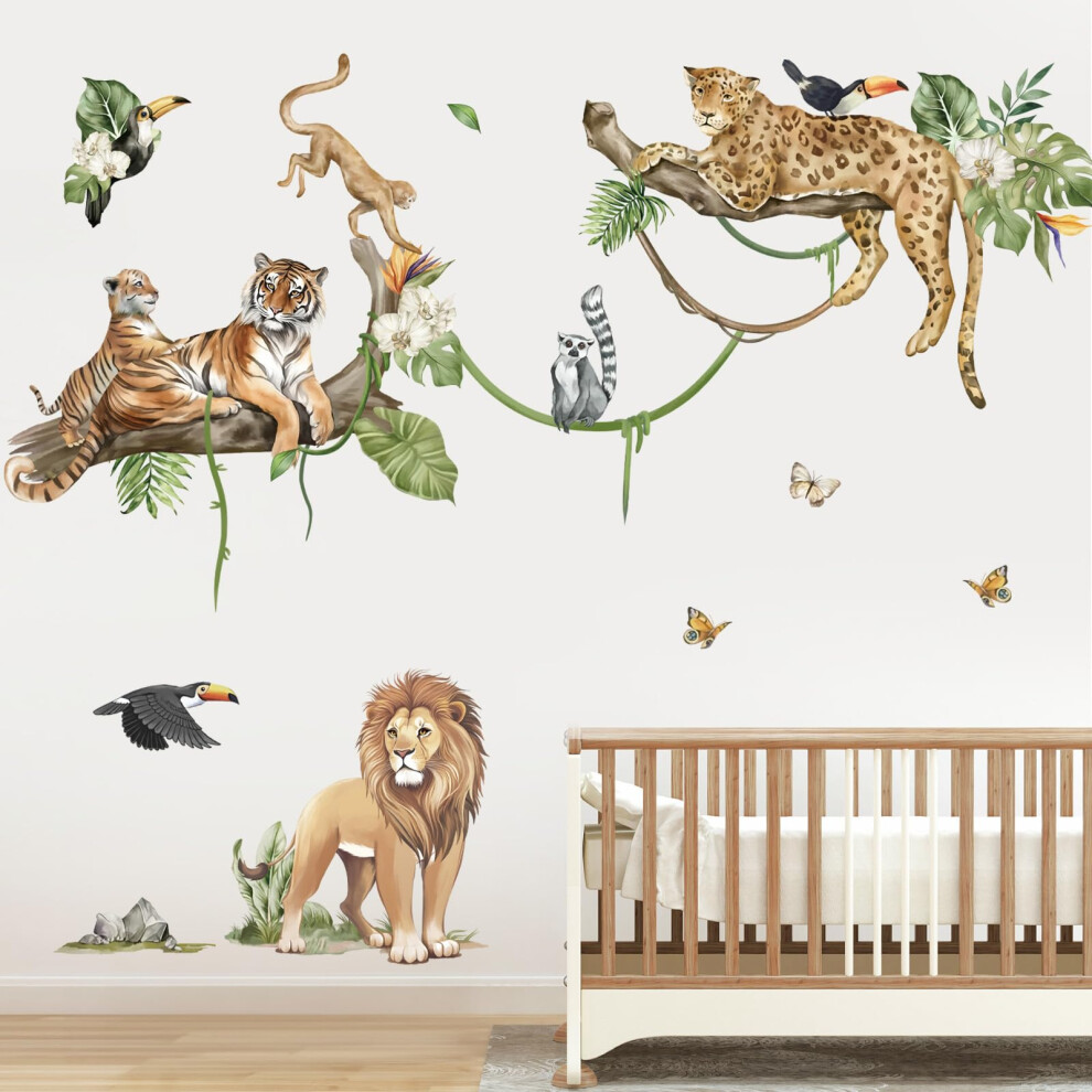 Decalmile Jungle Animals Tree Branch Wall Stickers Safari Lion Leopard Tiger Wall Decals Baby Nursery Kids Room Playroom Wall Decor