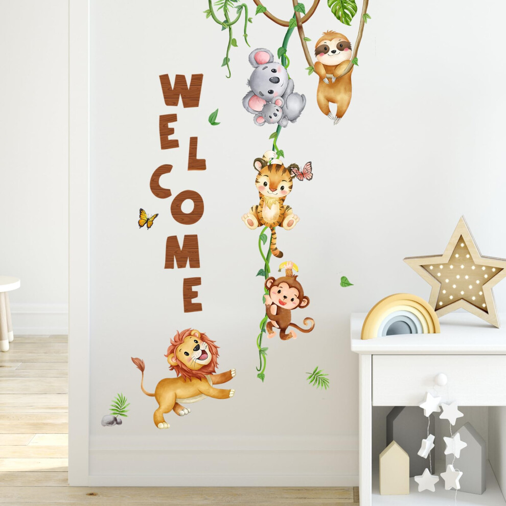 Jungle Animal Wall Stickers, Forest Animal Climbing Vine Wall Decals, Sloth Koala Tiger Monkey Lion Self-Adhesive Mural Removable Wall Art St Tanlaby