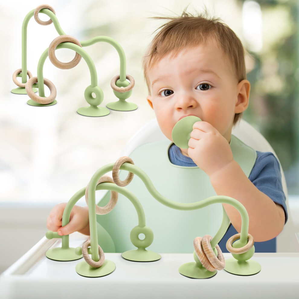 Baby Teething Toys, Multi Purpose High Chair Suction Teether Toy For Toddler 0-2+ Years, Sensory Toys With Wooden Ring Suitable For 0-6 Month Infant Aituitui