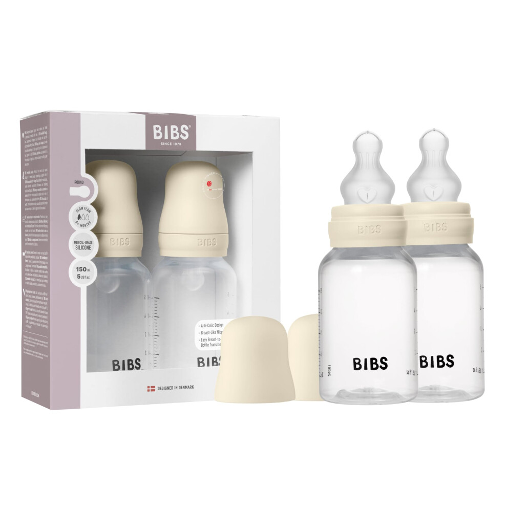 Baby Bottle 150 Ml Silicone Nipple 2 Pack - Anti-Colic, Bpa-Free, Round Nipple, Slow Flow, Lightweight & Easy To Clean, Suitable For Newborns 0+ Bibs