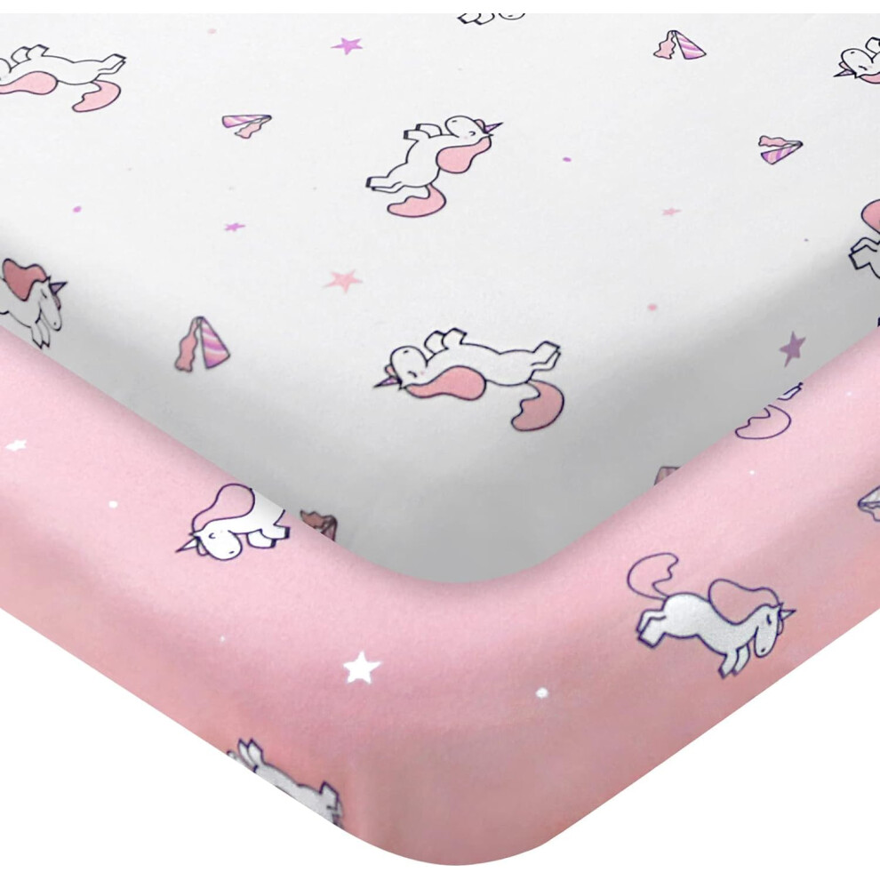 Travel Cot Sheets Fitted, 2 Pack Ultra Soft Crib Sheets For Girls, Compatible with Graco, Red Kite Travel Cot, Soft and Breathable, Pink Unicorns